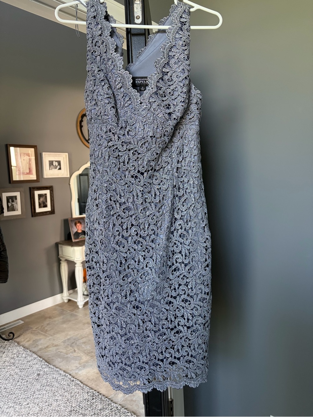Adrianna Papell Slate Gray Lace V-Neck Midi Dress